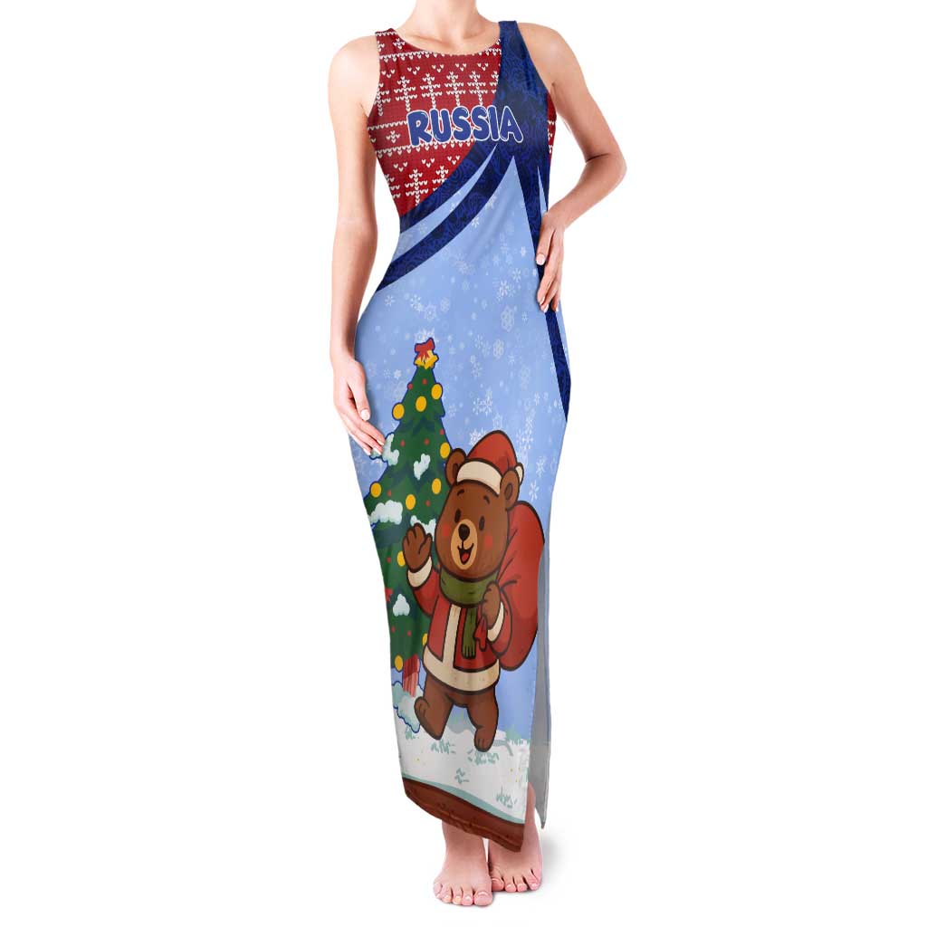 Russia Christmas Tank Maxi Dress with Santa Bear Gift Box Christmas Tree and Red Snowflake - Wonder Print Shop