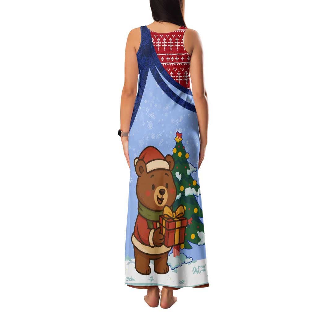 Russia Christmas Tank Maxi Dress with Santa Bear Gift Box Christmas Tree and Red Snowflake - Wonder Print Shop