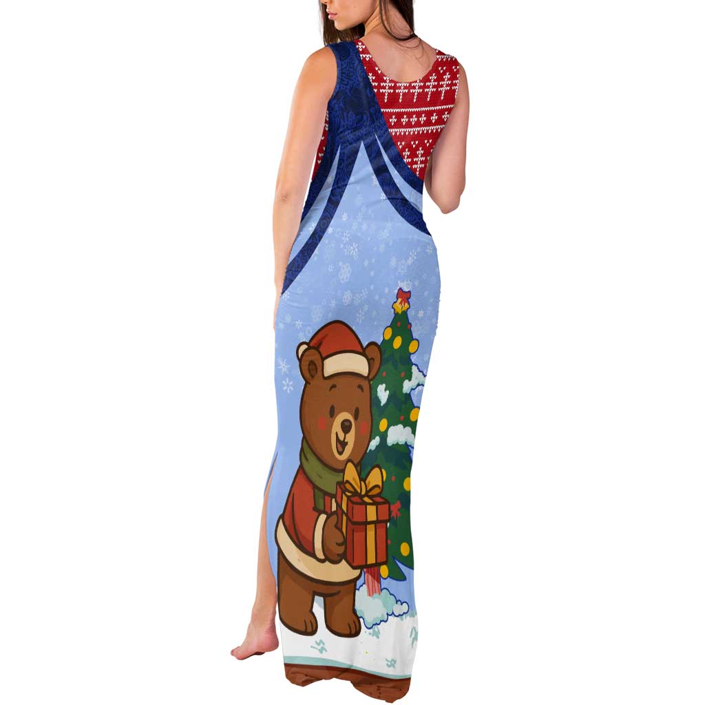 Russia Christmas Tank Maxi Dress with Santa Bear Gift Box Christmas Tree and Red Snowflake - Wonder Print Shop