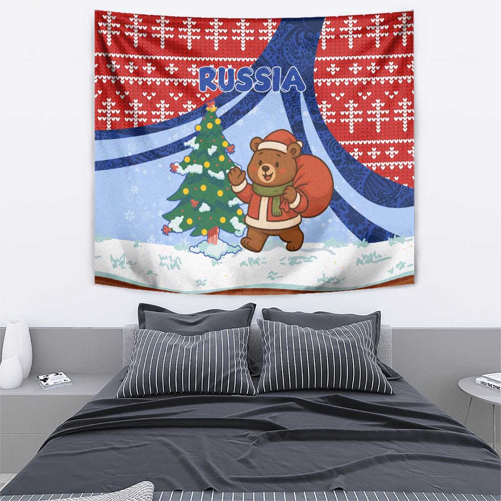 Russia Christmas Tapestry with Santa Bear Gift Box Christmas Tree and Red Snowflake - Wonder Print Shop