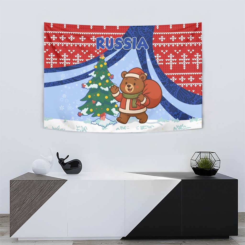 Russia Christmas Tapestry with Santa Bear Gift Box Christmas Tree and Red Snowflake - Wonder Print Shop