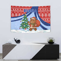 Russia Christmas Tapestry with Santa Bear Gift Box Christmas Tree and Red Snowflake - Wonder Print Shop