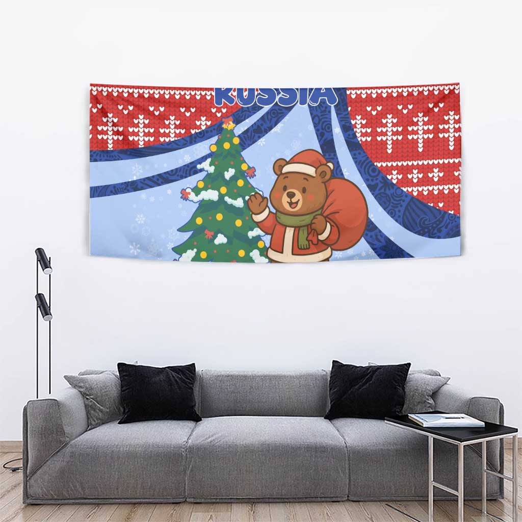 Russia Christmas Tapestry with Santa Bear Gift Box Christmas Tree and Red Snowflake - Wonder Print Shop