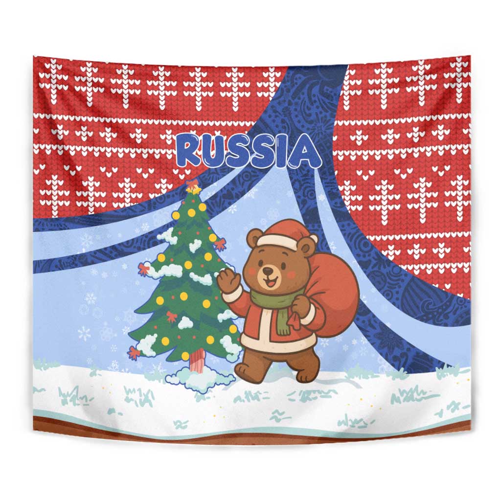 Russia Christmas Tapestry with Santa Bear Gift Box Christmas Tree and Red Snowflake - Wonder Print Shop