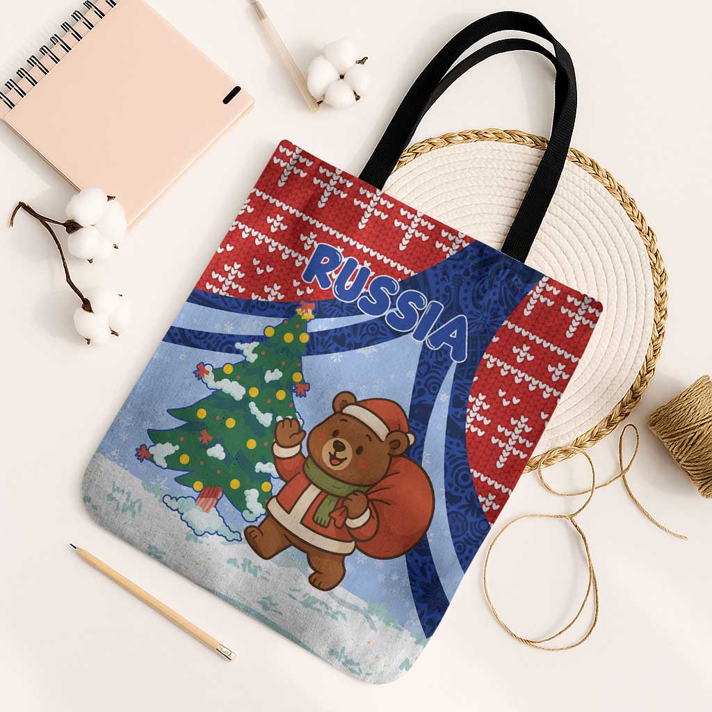 Russia Christmas Tote Bag with Santa Bear Gift Box Christmas Tree and Red Snowflake - Wonder Print Shop
