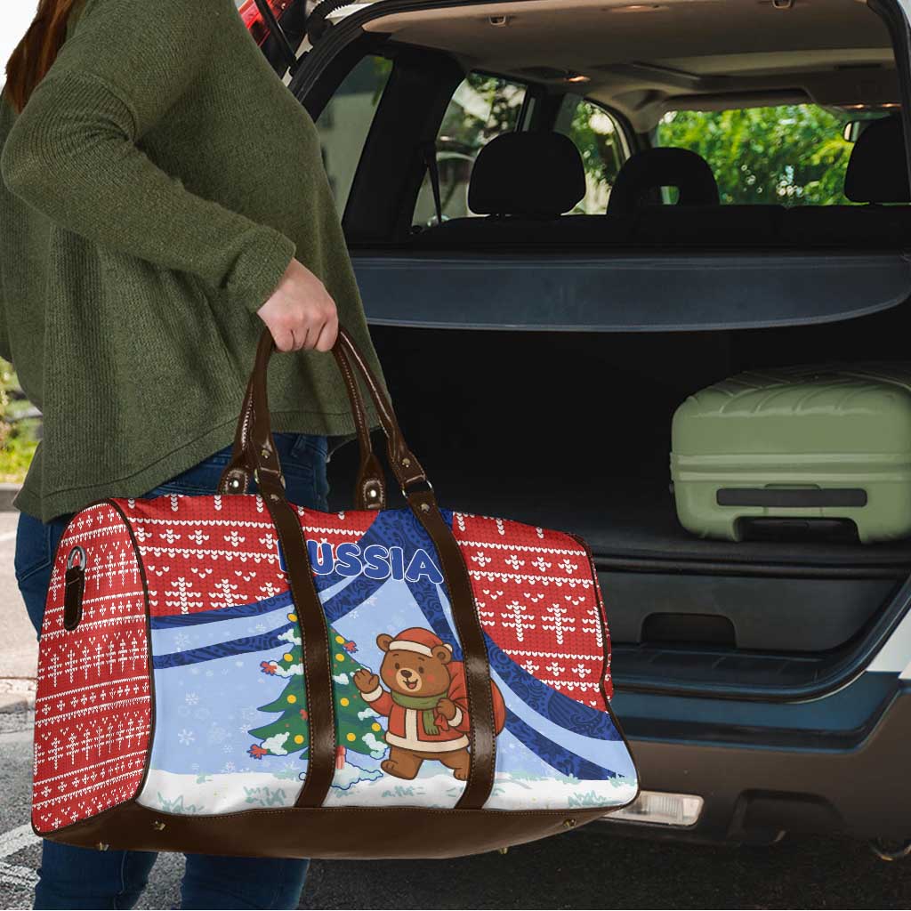 Russia Christmas Travel Bag with Santa Bear Gift Box Christmas Tree and Red Snowflake - Wonder Print Shop