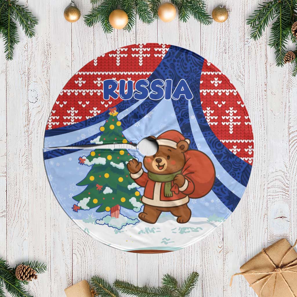 Russia Christmas Tree Skirt with Santa Bear Gift Box Christmas Tree and Red Snowflake - Wonder Print Shop