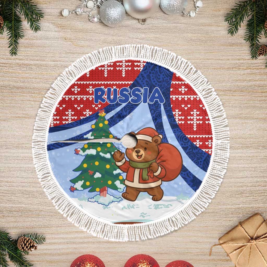 Russia Christmas Tree Skirt with Santa Bear Gift Box Christmas Tree and Red Snowflake - Wonder Print Shop