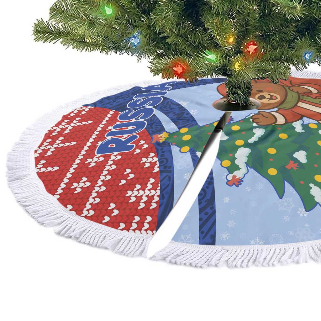 Russia Christmas Tree Skirt with Santa Bear Gift Box Christmas Tree and Red Snowflake - Wonder Print Shop