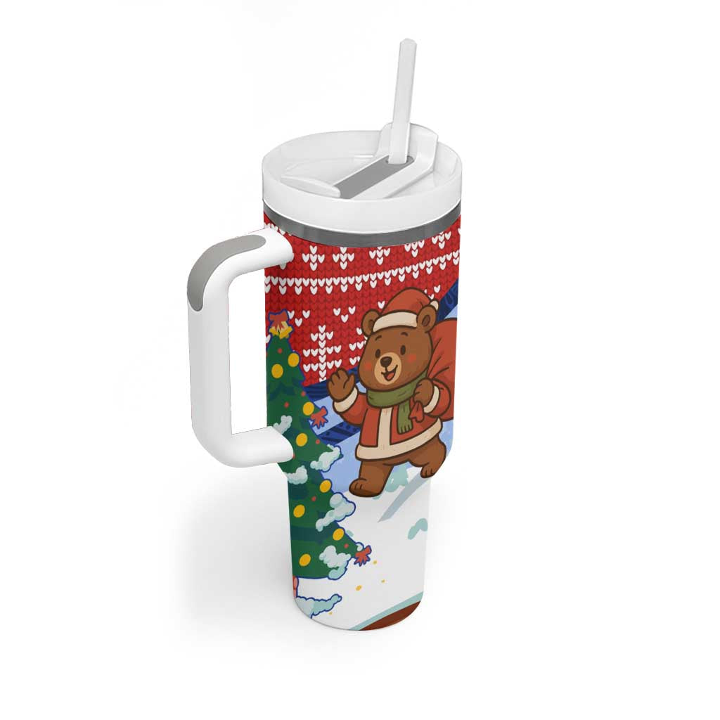 Russia Christmas Tumbler With Handle with Santa Bear Gift Box Christmas Tree and Red Snowflake - Wonder Print Shop