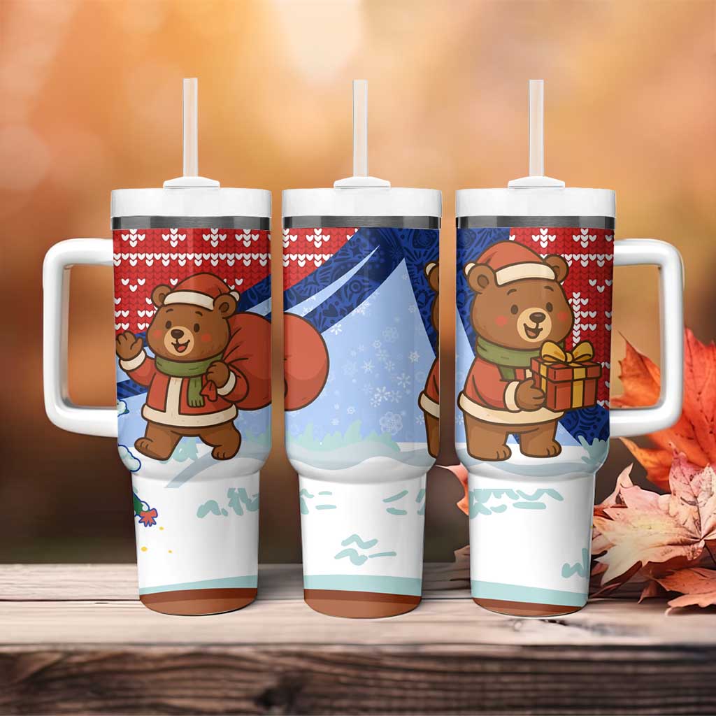 Russia Christmas Tumbler With Handle with Santa Bear Gift Box Christmas Tree and Red Snowflake - Wonder Print Shop