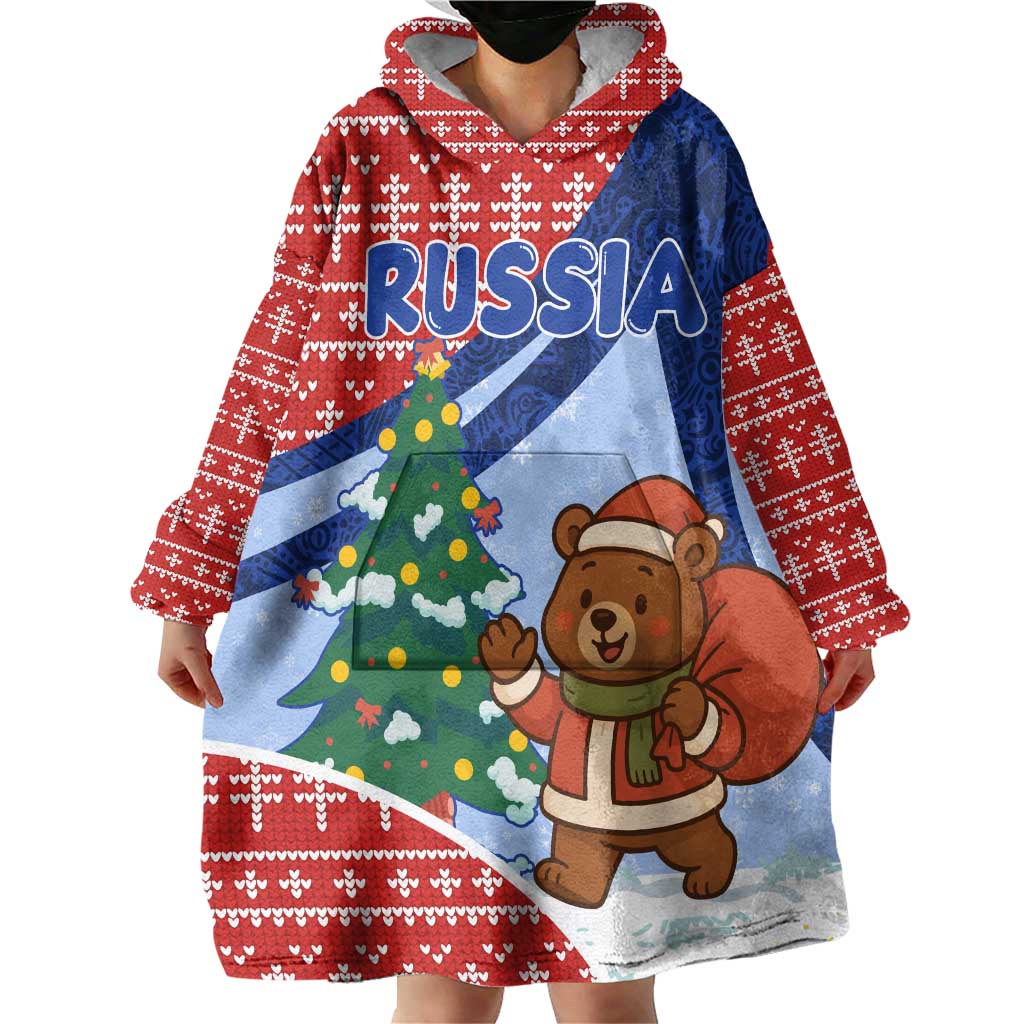 Russia Christmas Wearable Blanket Hoodie with Santa Bear Gift Box Christmas Tree and Red Snowflake - Wonder Print Shop