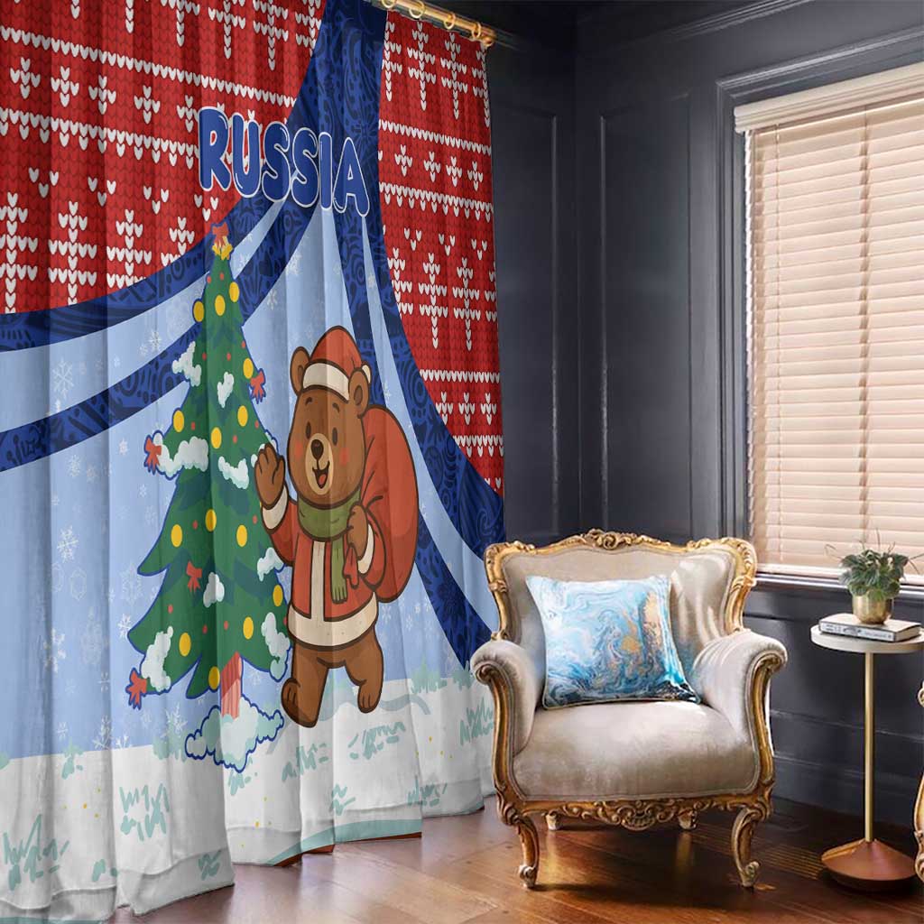 Russia Christmas Window Curtain with Santa Bear Gift Box Christmas Tree and Red Snowflake - Wonder Print Shop