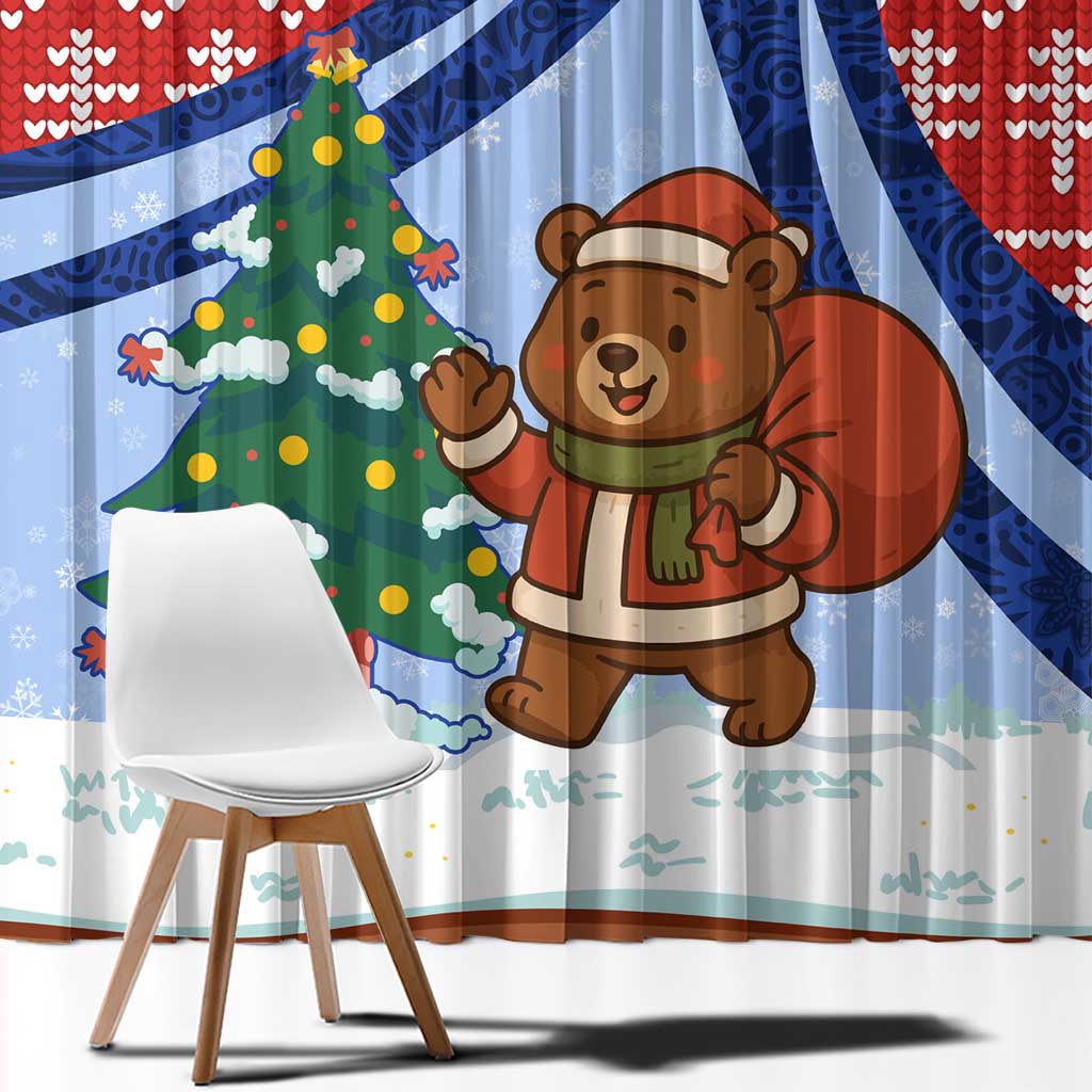 Russia Christmas Window Curtain with Santa Bear Gift Box Christmas Tree and Red Snowflake - Wonder Print Shop