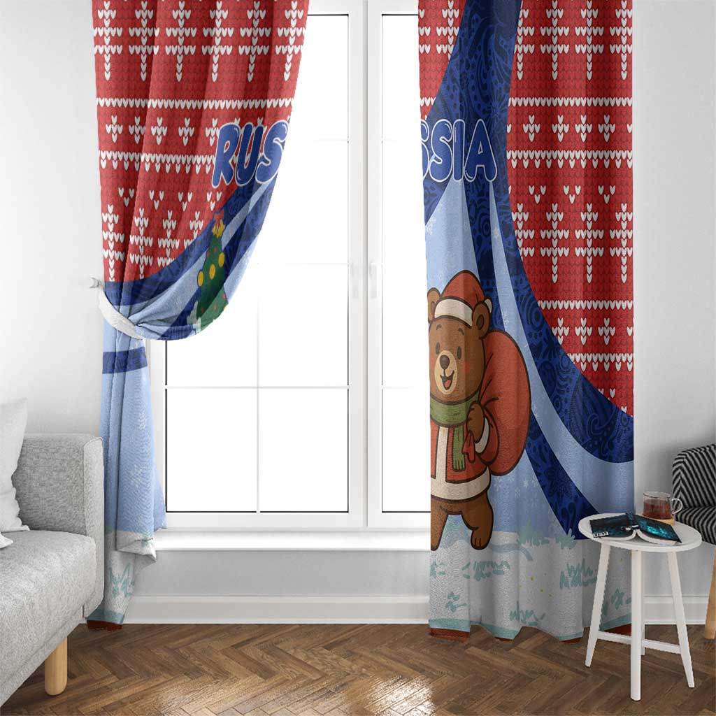Russia Christmas Window Curtain with Santa Bear Gift Box Christmas Tree and Red Snowflake - Wonder Print Shop