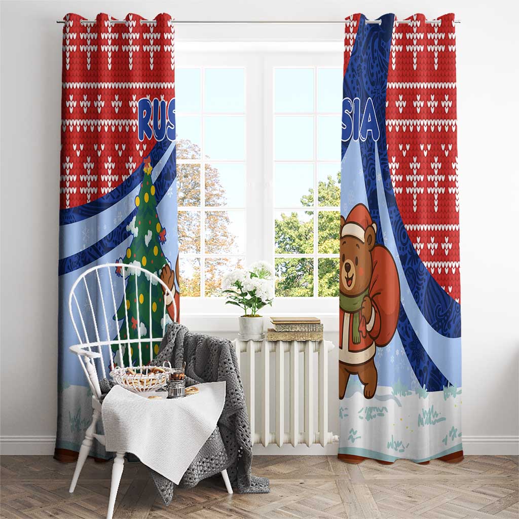 Russia Christmas Window Curtain with Santa Bear Gift Box Christmas Tree and Red Snowflake - Wonder Print Shop