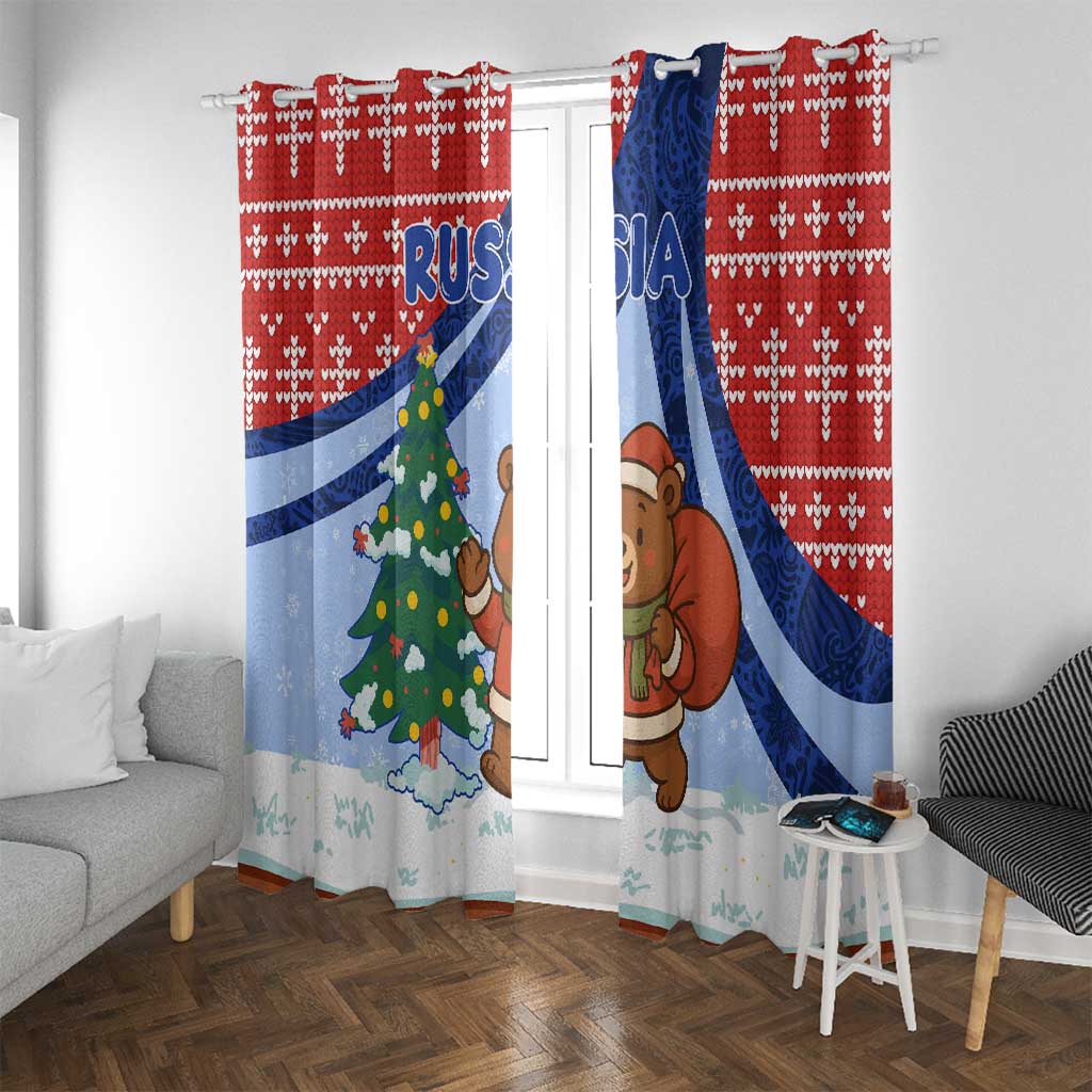 Russia Christmas Window Curtain with Santa Bear Gift Box Christmas Tree and Red Snowflake - Wonder Print Shop