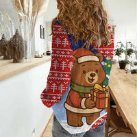Russia Christmas Women Casual Shirt with Santa Bear Gift Box Christmas Tree and Red Snowflake - Wonder Print Shop