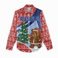 Russia Christmas Women Casual Shirt with Santa Bear Gift Box Christmas Tree and Red Snowflake - Wonder Print Shop