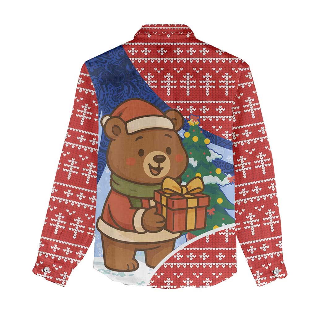 Russia Christmas Women Casual Shirt with Santa Bear Gift Box Christmas Tree and Red Snowflake - Wonder Print Shop