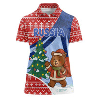 Russia Christmas Women Polo Shirt with Santa Bear Gift Box Christmas Tree and Red Snowflake - Wonder Print Shop