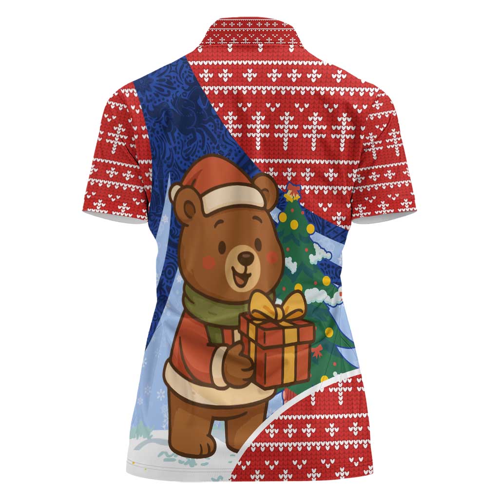 Russia Christmas Women Polo Shirt with Santa Bear Gift Box Christmas Tree and Red Snowflake - Wonder Print Shop