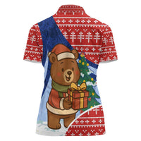Russia Christmas Women Polo Shirt with Santa Bear Gift Box Christmas Tree and Red Snowflake - Wonder Print Shop