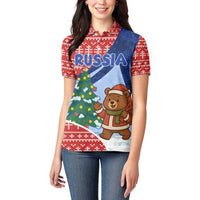 Russia Christmas Women Polo Shirt with Santa Bear Gift Box Christmas Tree and Red Snowflake - Wonder Print Shop