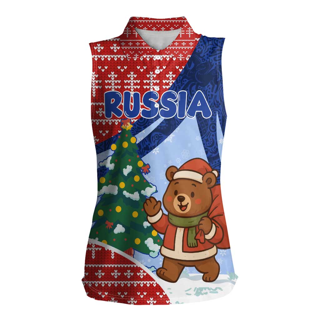 Russia Christmas Women Sleeveless Polo Shirt with Santa Bear Gift Box Christmas Tree and Red Snowflake - Wonder Print Shop