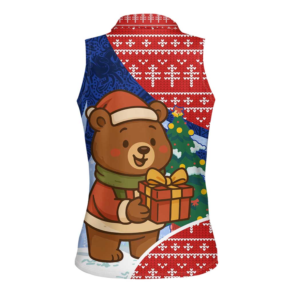 Russia Christmas Women Sleeveless Polo Shirt with Santa Bear Gift Box Christmas Tree and Red Snowflake - Wonder Print Shop