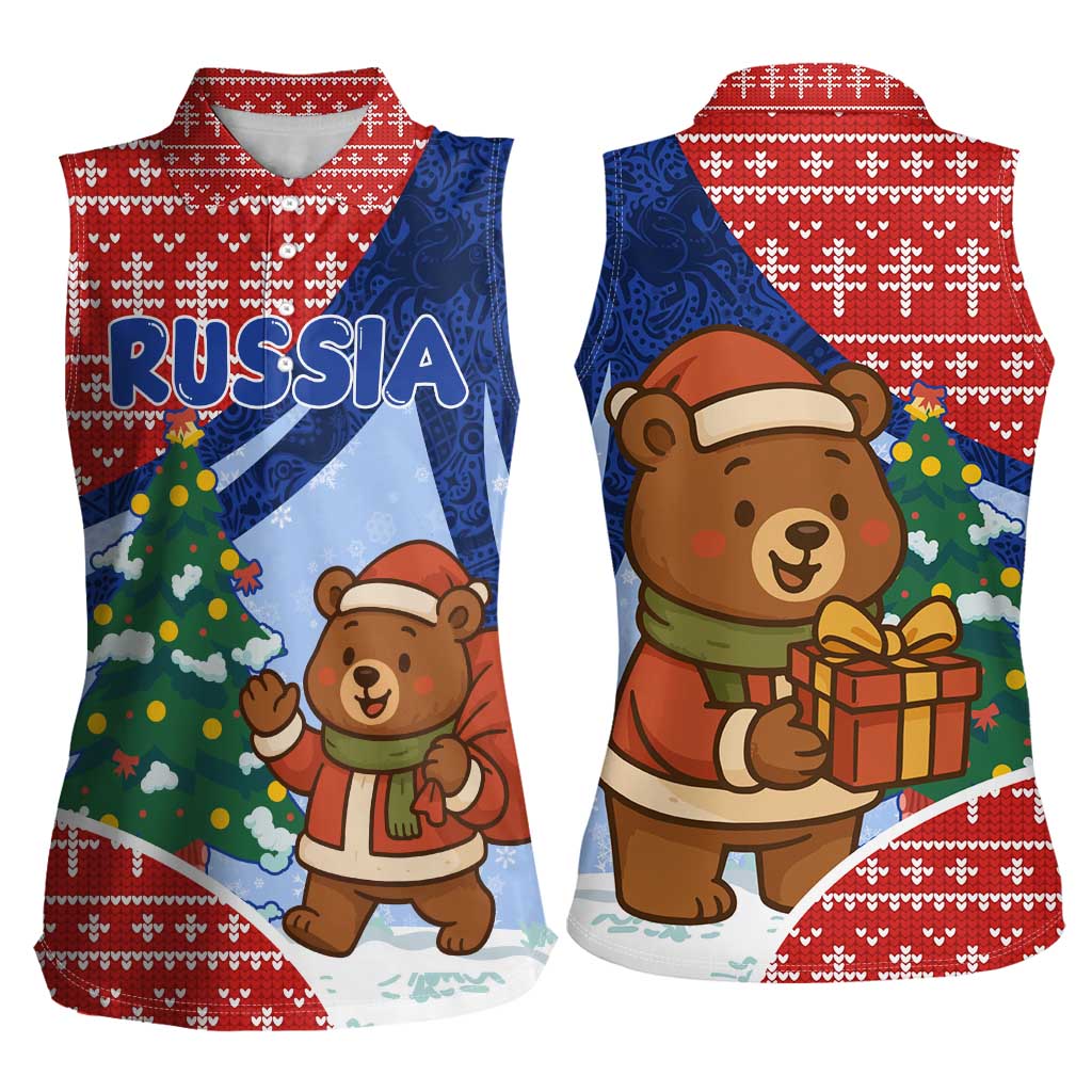 Russia Christmas Women Sleeveless Polo Shirt with Santa Bear Gift Box Christmas Tree and Red Snowflake - Wonder Print Shop