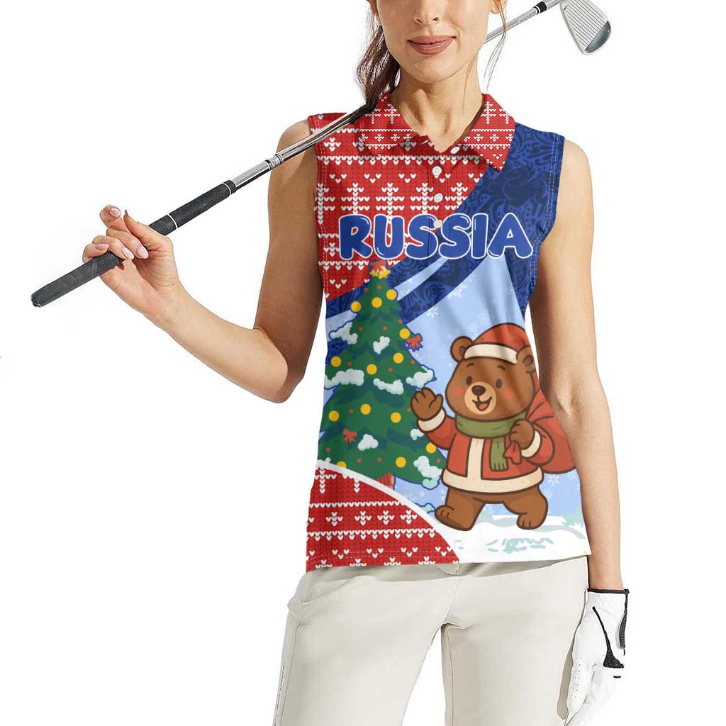Russia Christmas Women Sleeveless Polo Shirt with Santa Bear Gift Box Christmas Tree and Red Snowflake - Wonder Print Shop