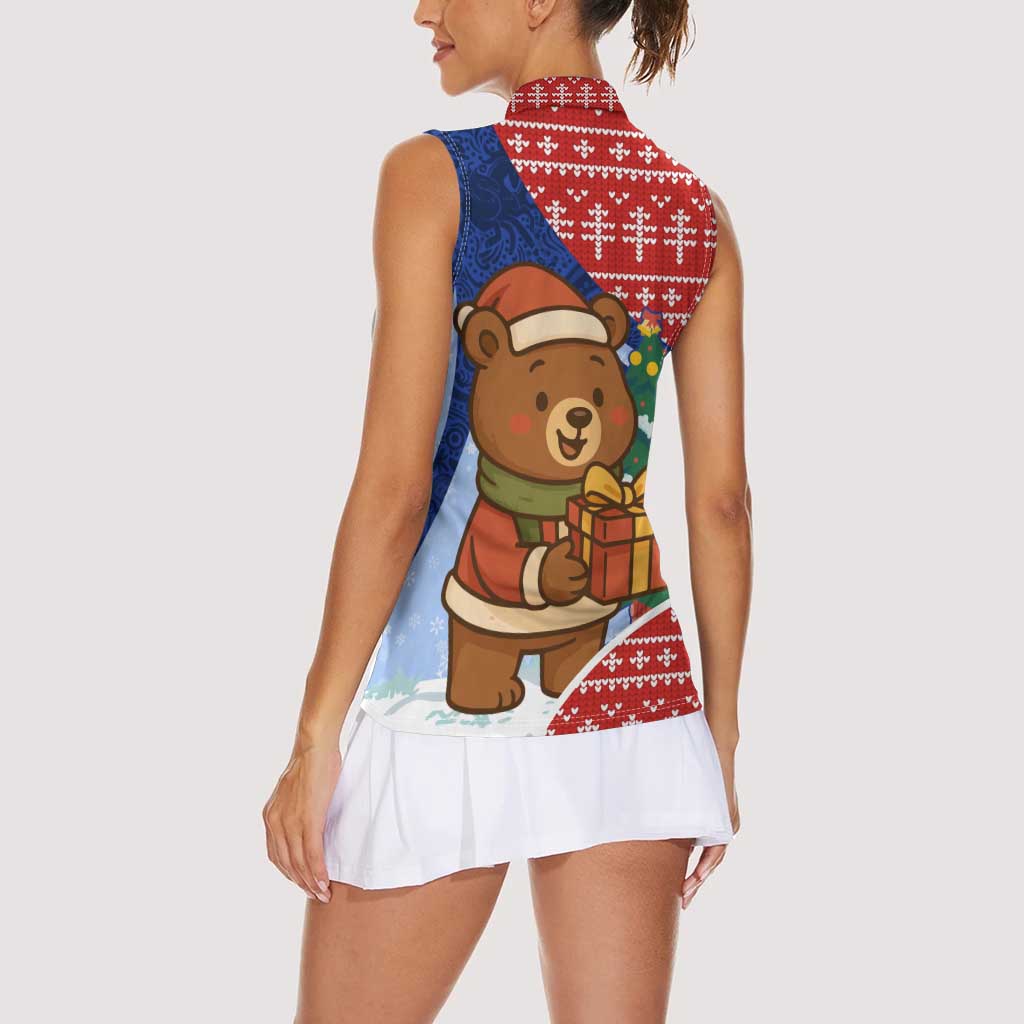 Russia Christmas Women Sleeveless Polo Shirt with Santa Bear Gift Box Christmas Tree and Red Snowflake - Wonder Print Shop
