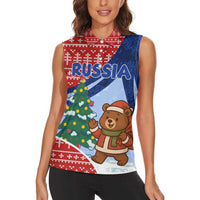 Russia Christmas Women Sleeveless Polo Shirt with Santa Bear Gift Box Christmas Tree and Red Snowflake - Wonder Print Shop