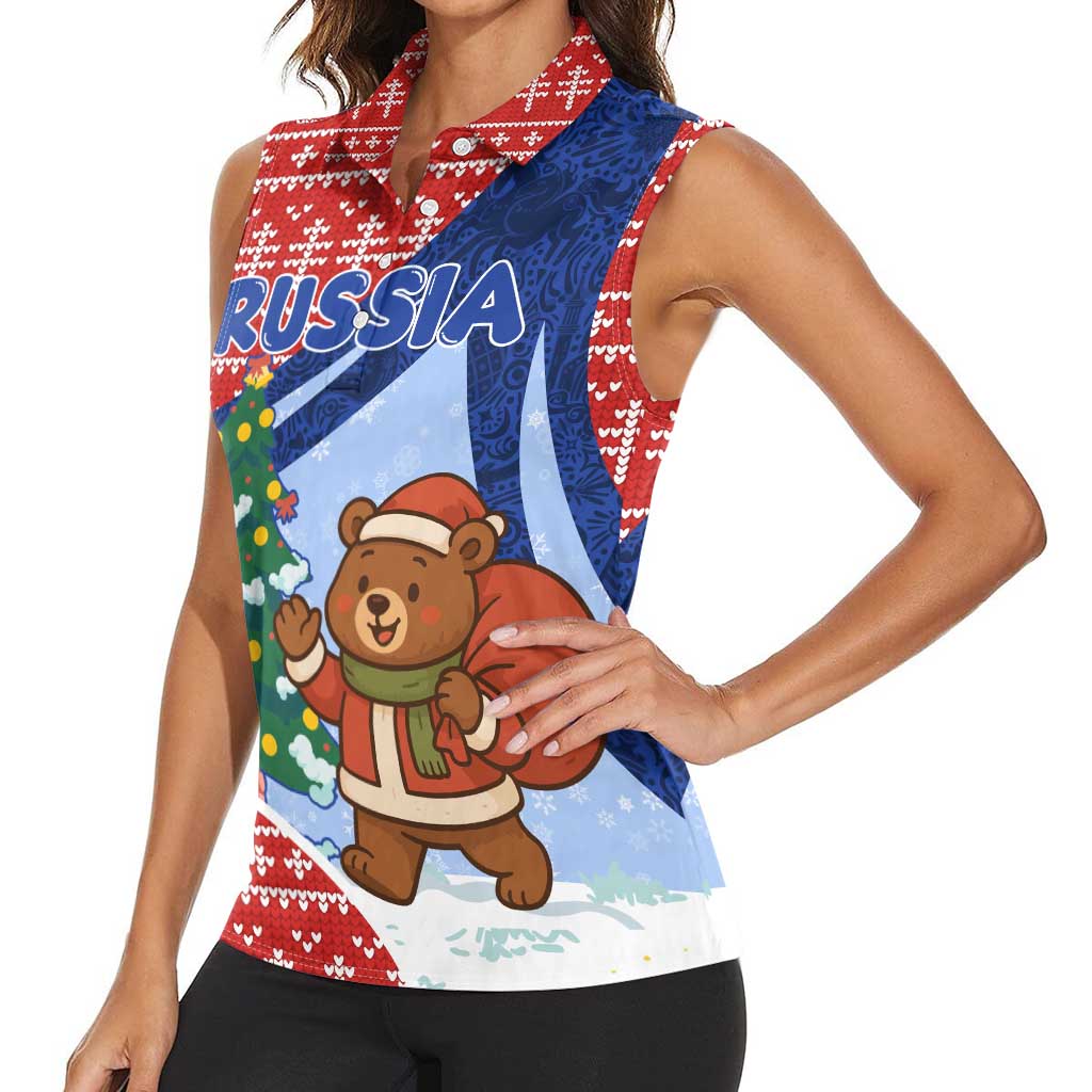 Russia Christmas Women Sleeveless Polo Shirt with Santa Bear Gift Box Christmas Tree and Red Snowflake - Wonder Print Shop
