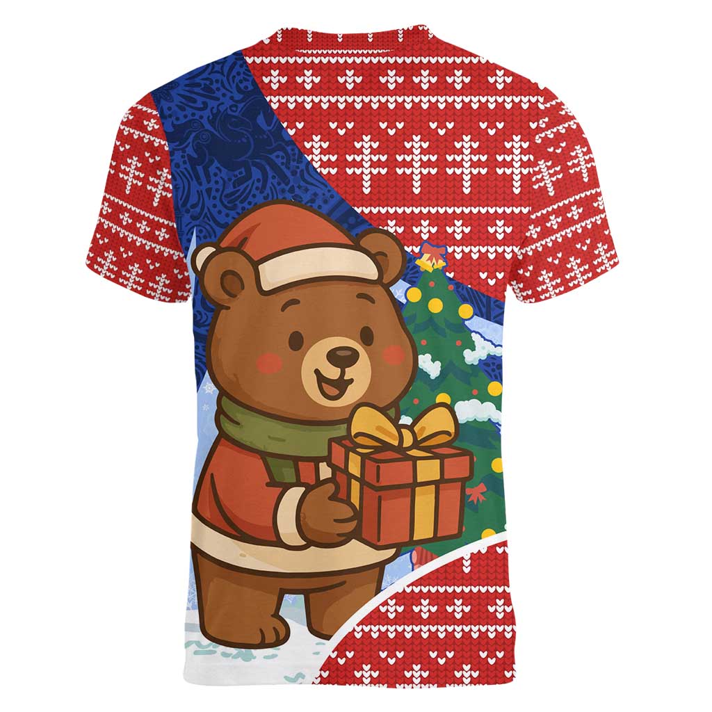Russia Christmas Women V-Neck T-Shirt with Santa Bear Gift Box Christmas Tree and Red Snowflake - Wonder Print Shop