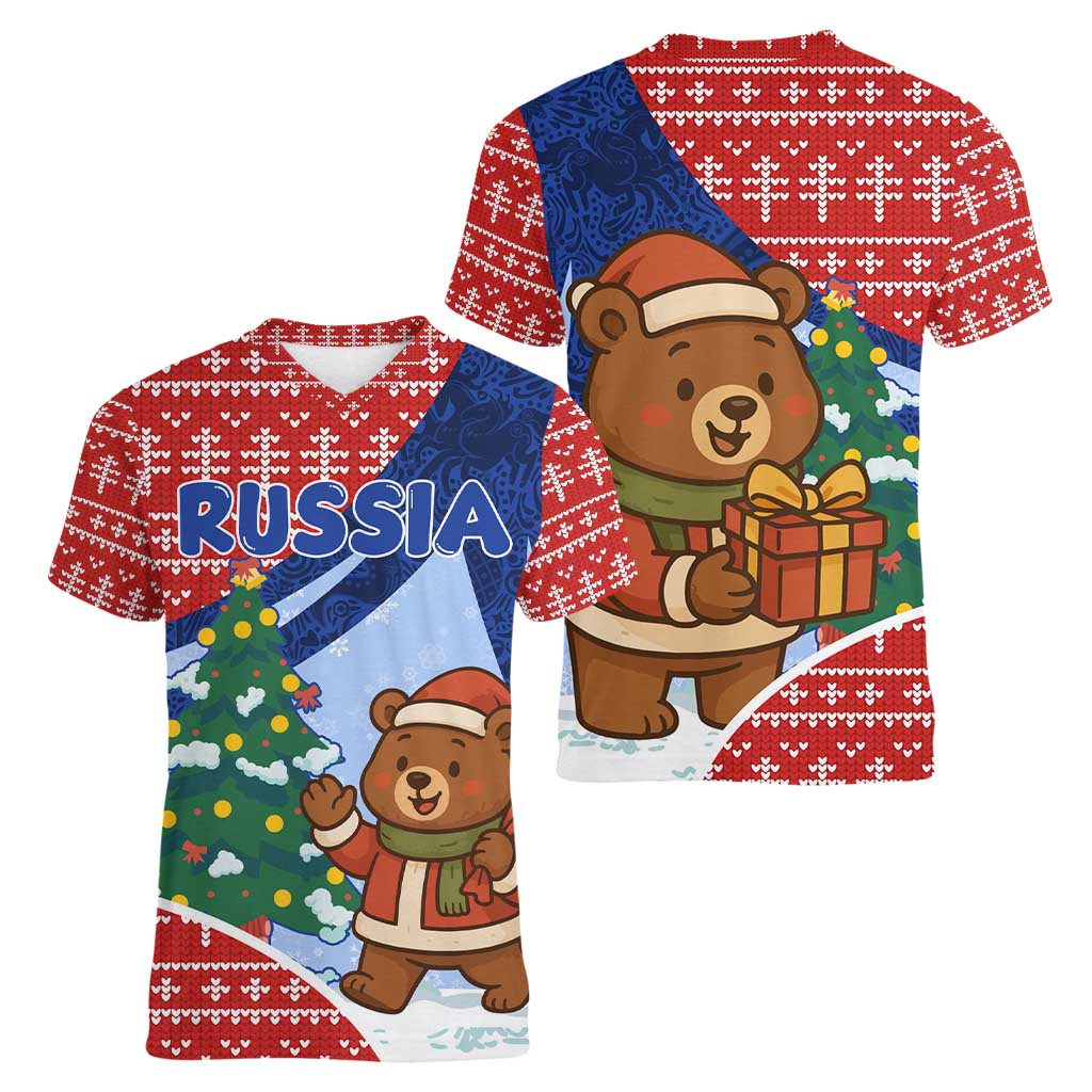 Russia Christmas Women V-Neck T-Shirt with Santa Bear Gift Box Christmas Tree and Red Snowflake - Wonder Print Shop