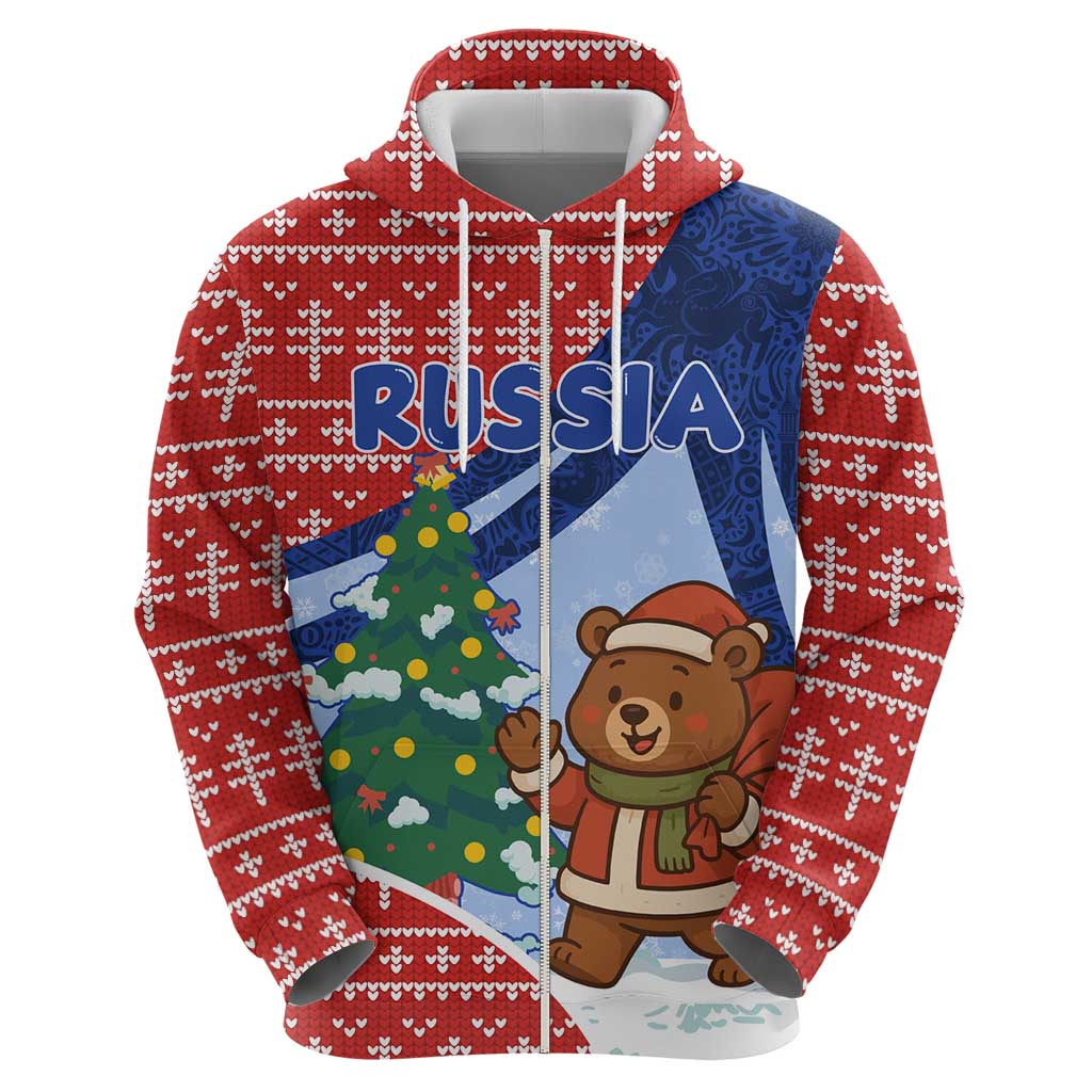 Russia Christmas Zip Hoodie with Santa Bear Gift Box Christmas Tree and Red Snowflake - Wonder Print Shop