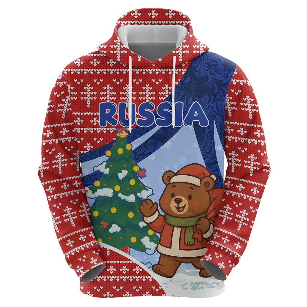 Russia Christmas Zip Hoodie with Santa Bear Gift Box Christmas Tree and Red Snowflake - Wonder Print Shop