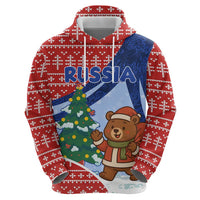 Russia Christmas Zip Hoodie with Santa Bear Gift Box Christmas Tree and Red Snowflake - Wonder Print Shop