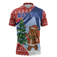 Russia Christmas Zipper Polo Shirt with Santa Bear Gift Box Christmas Tree and Red Snowflake - Wonder Print Shop