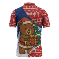 Russia Christmas Zipper Polo Shirt with Santa Bear Gift Box Christmas Tree and Red Snowflake - Wonder Print Shop