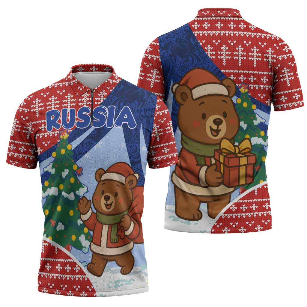 Russia Christmas Zipper Polo Shirt with Santa Bear Gift Box Christmas Tree and Red Snowflake - Wonder Print Shop