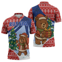 Russia Christmas Zipper Polo Shirt with Santa Bear Gift Box Christmas Tree and Red Snowflake - Wonder Print Shop