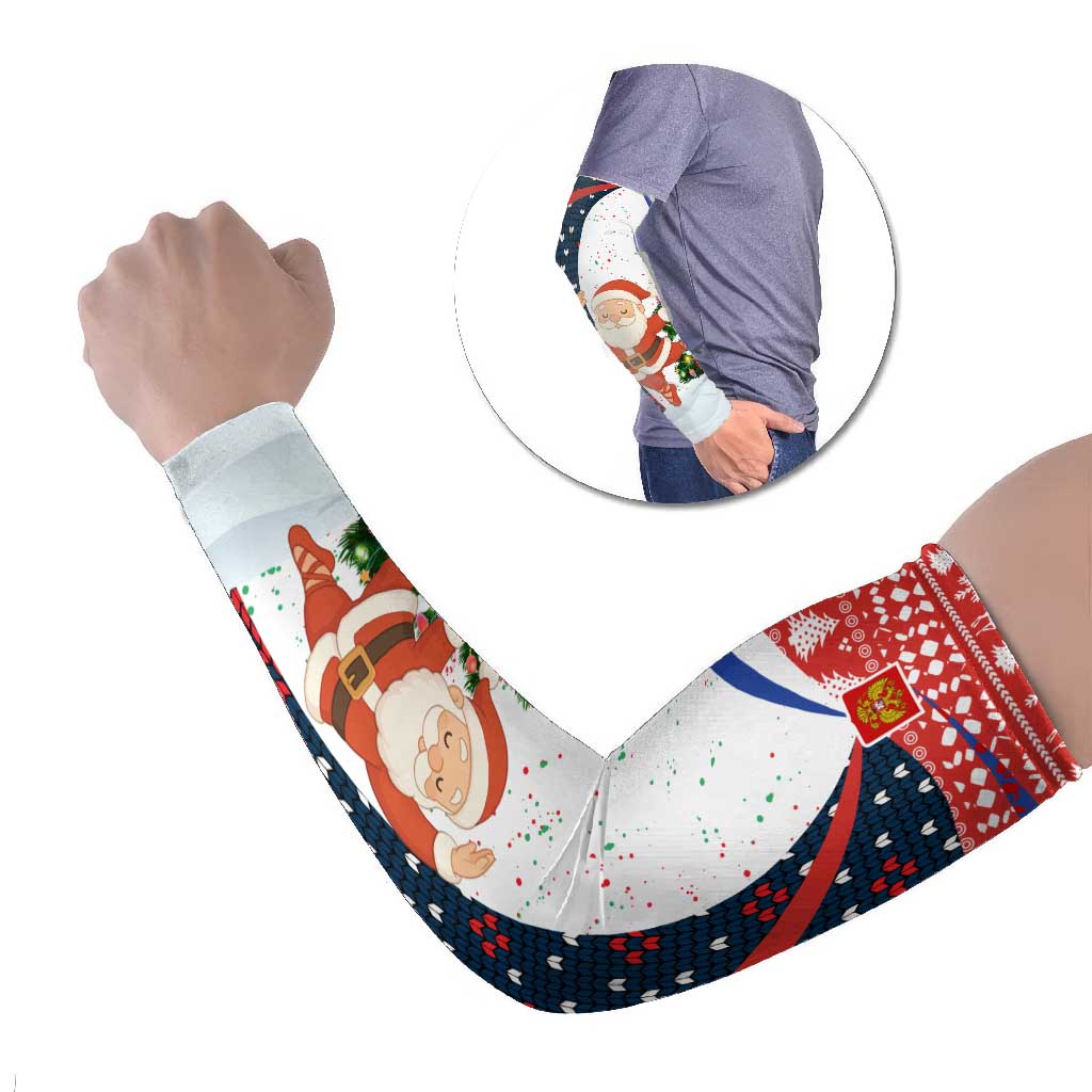 Russia Christmas Arm Sleeves with Dancing Santa Christmas Tree Lights and Red Snowflake - Wonder Print Shop