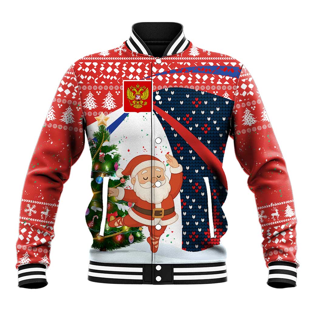 Russia Christmas Baseball Jacket with Dancing Santa Christmas Tree Lights and Red Snowflake - Wonder Print Shop
