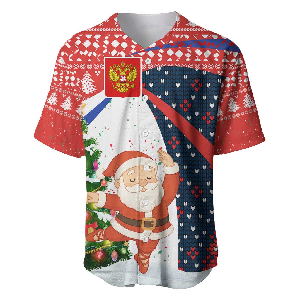Russia Christmas Baseball Jersey with Dancing Santa Christmas Tree Lights and Red Snowflake - Wonder Print Shop