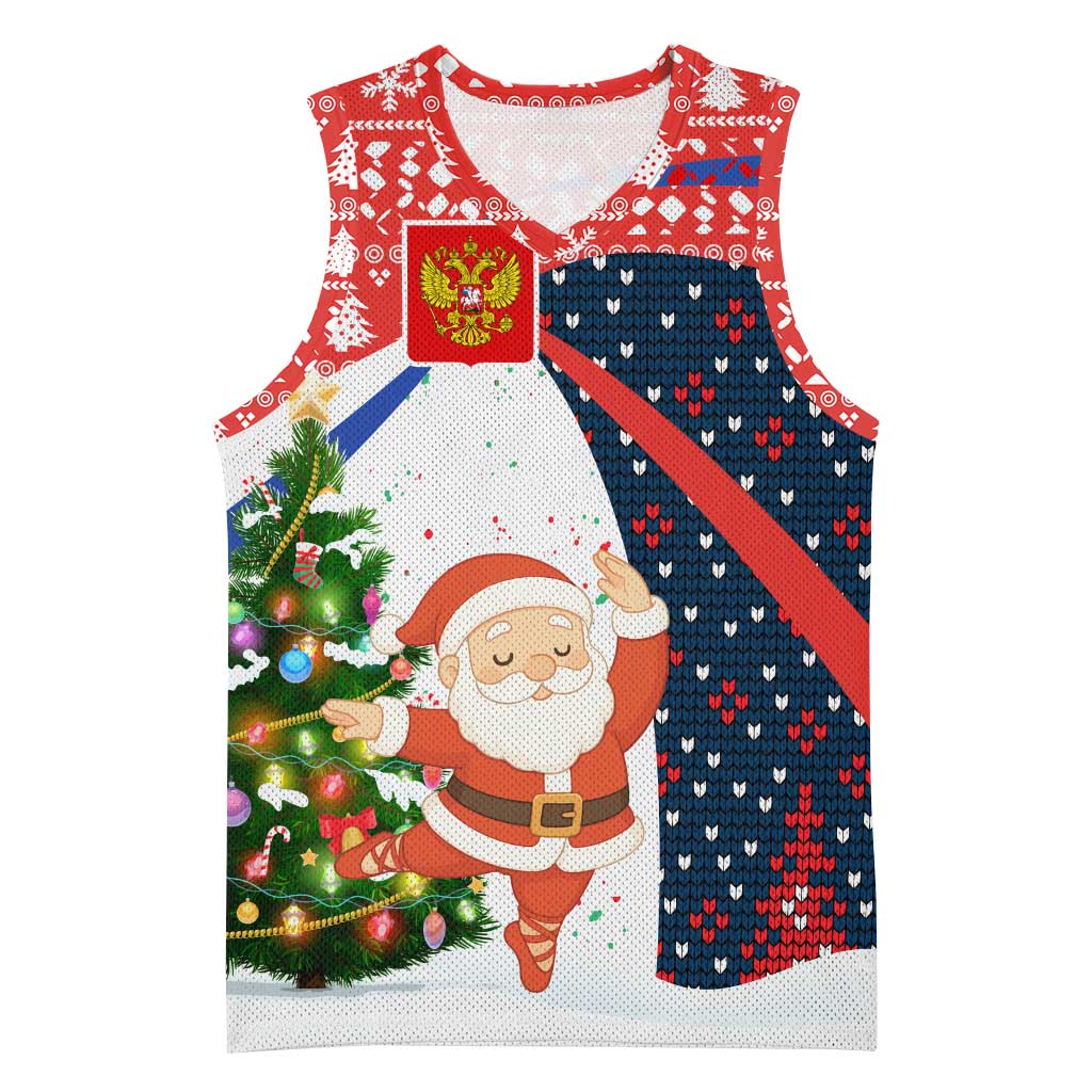 Russia Christmas Basketball Jersey with Dancing Santa Christmas Tree Lights and Red Snowflake - Wonder Print Shop
