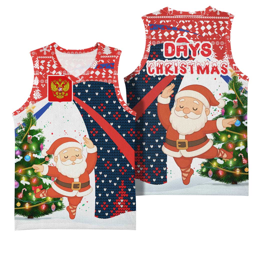 Russia Christmas Basketball Jersey with Dancing Santa Christmas Tree Lights and Red Snowflake - Wonder Print Shop