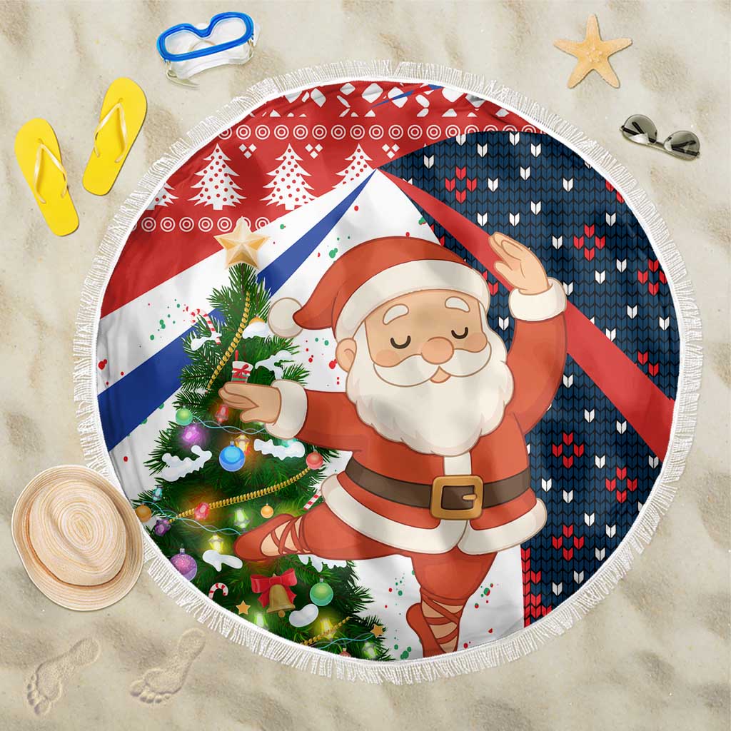 Russia Christmas Beach Blanket with Dancing Santa Christmas Tree Lights and Red Snowflake - Wonder Print Shop